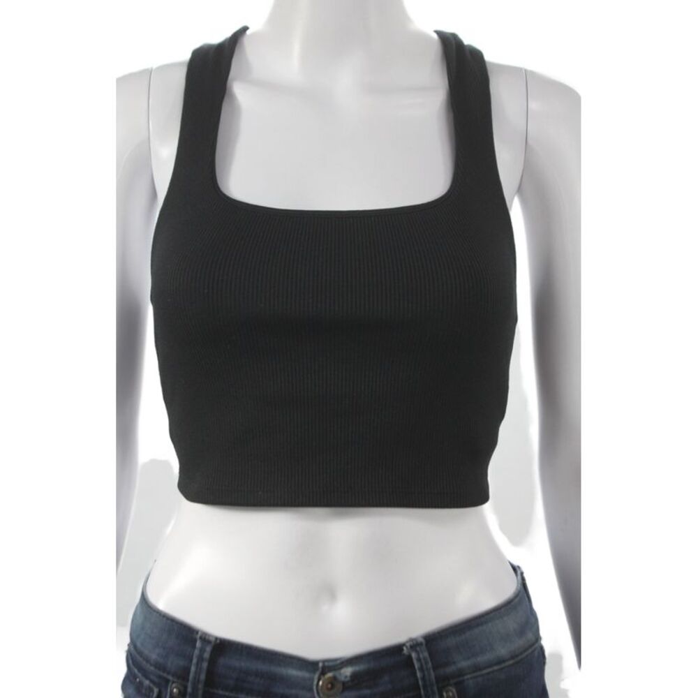 Alo Yoga Womens Ribbed Layered Crop Active Tank Top Solid Black Size S